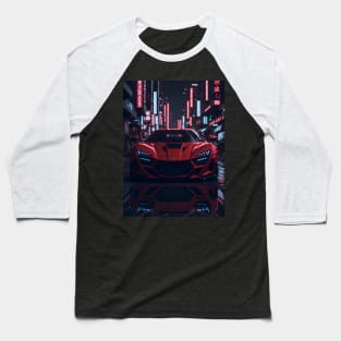 Dark Red Sports Car in Japanese Neon City Baseball T-Shirt